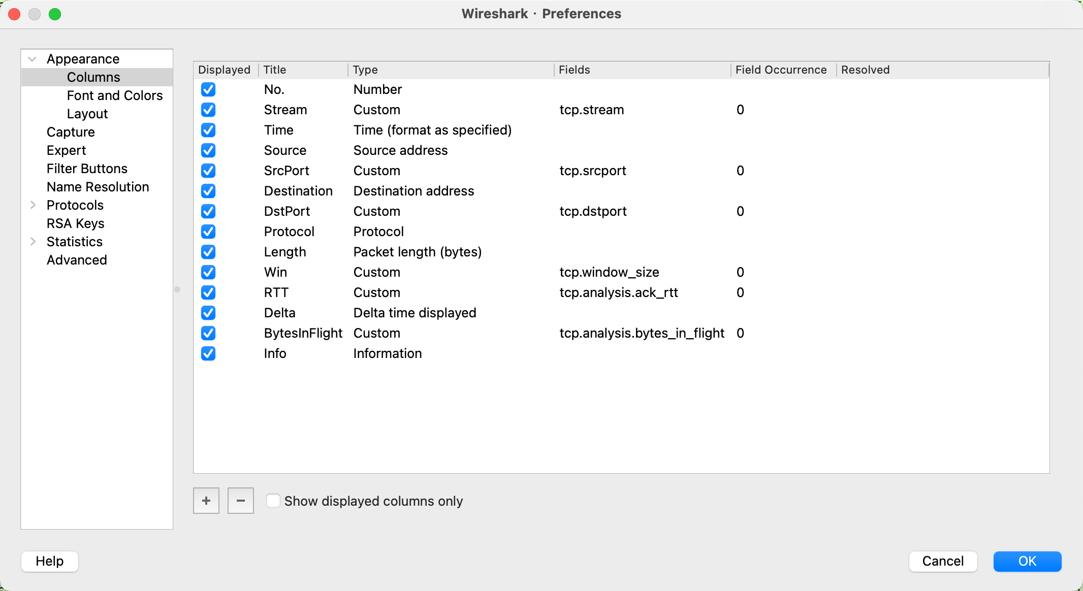 图3、wireshark 列配置